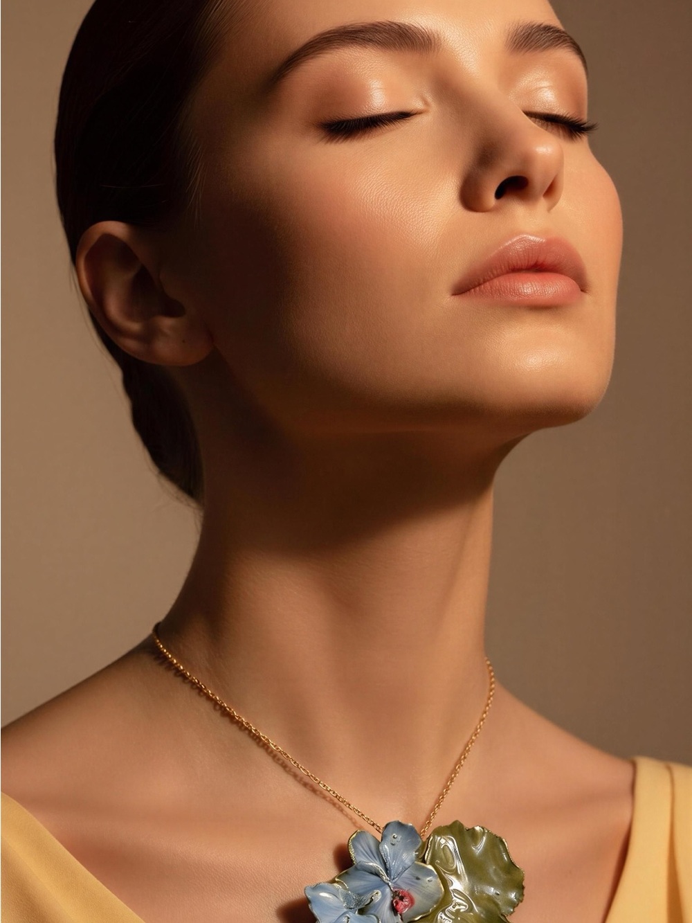 Gold Chain Necklace with Blue Flower Pendant by